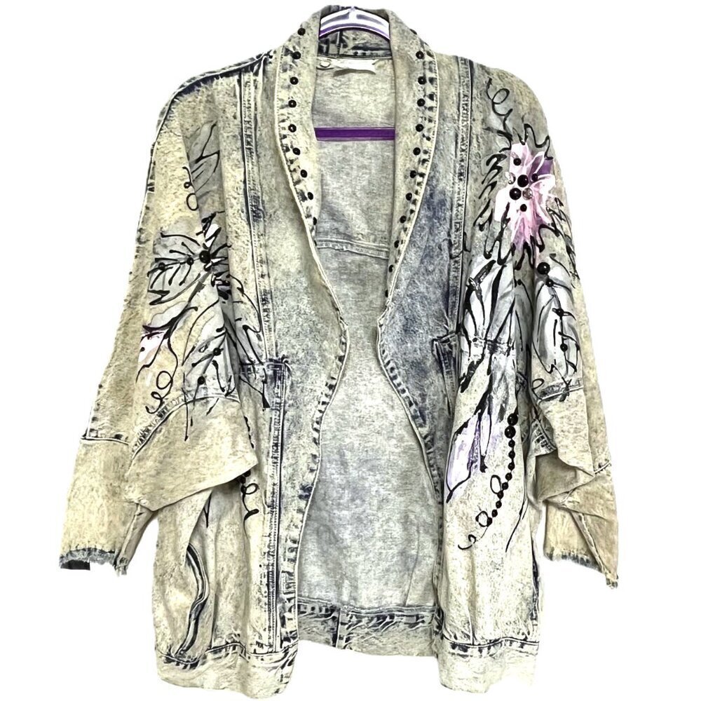Vintage 90s one of a kind oversized denim jacket with hand painted embellished - Picture 3 of 16